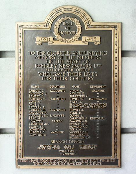 War Memorial, Kemsley Newspapers, Manchester.