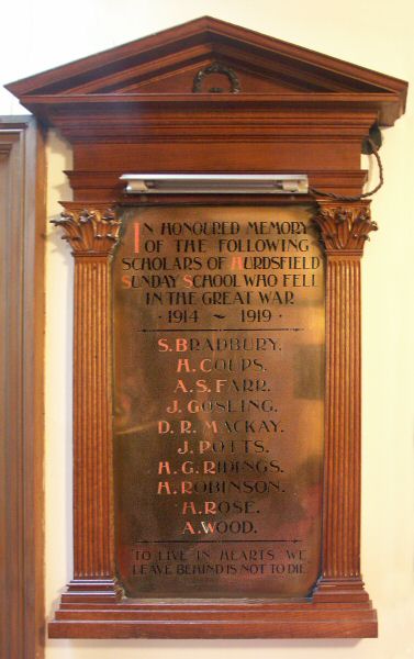 War Memorial, Hurdsfield Sunday School, Macclesfield.